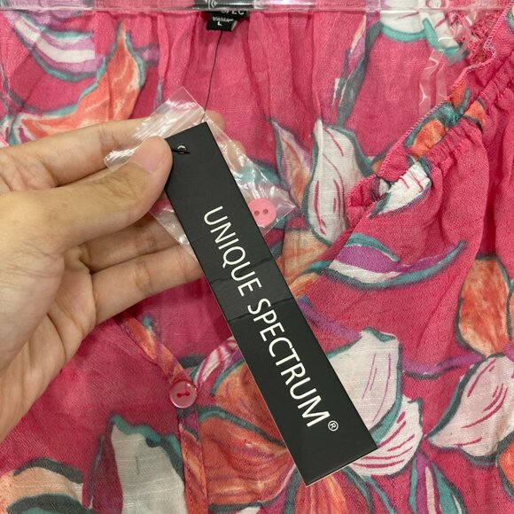 New Unique Spectrum Large Pink White Floral Lace Feminine Button Down Vacation - Picture 2 of 8